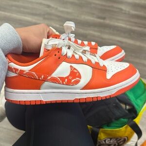 NIKE DUNKS in orange with bandana swoosh